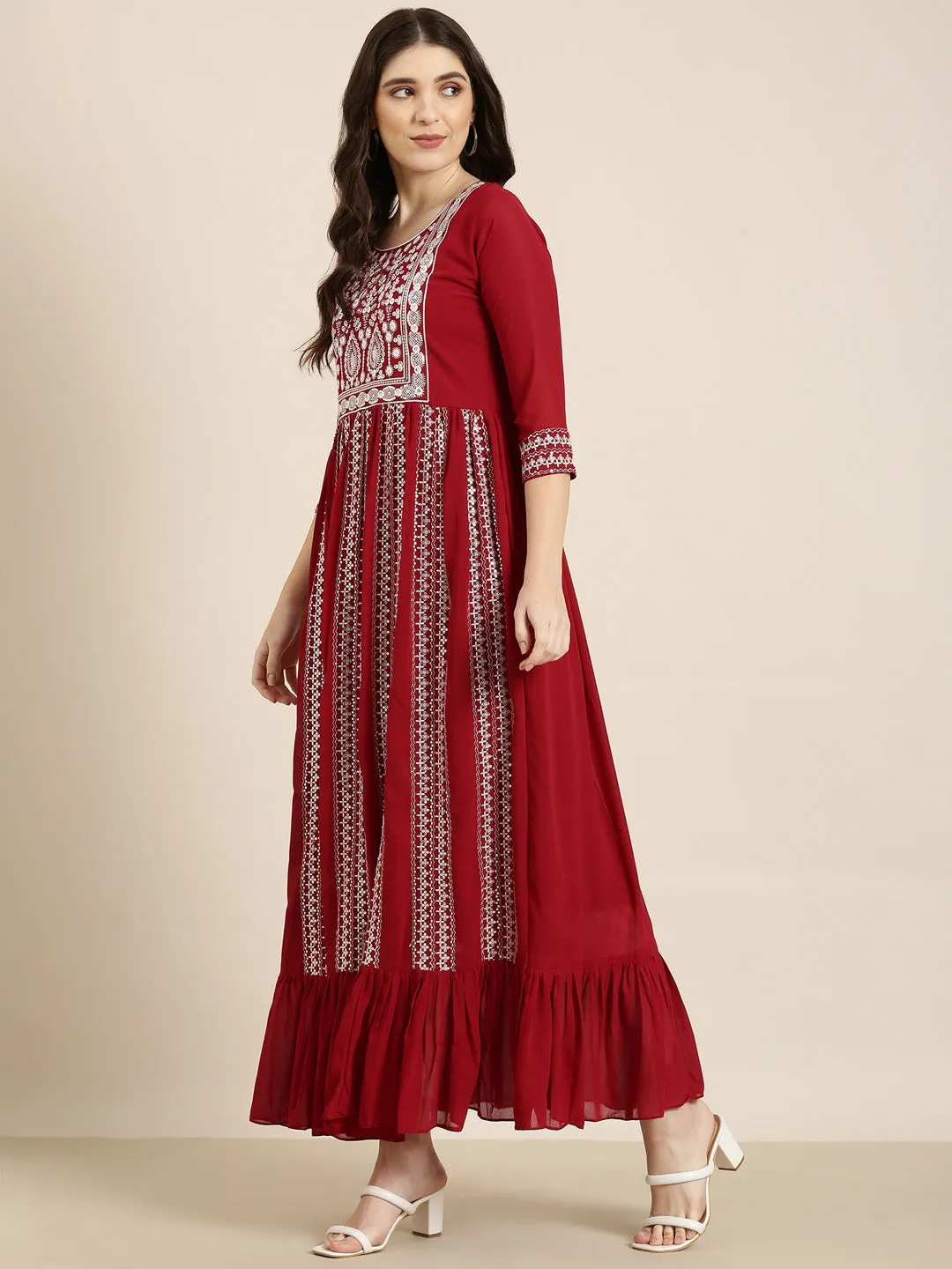 Women Maroon Ethnic Motif Printed Anarkali Kurta