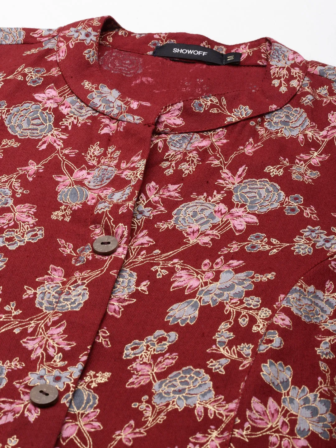 Women Maroon Floral Printed A-Line Kurta
