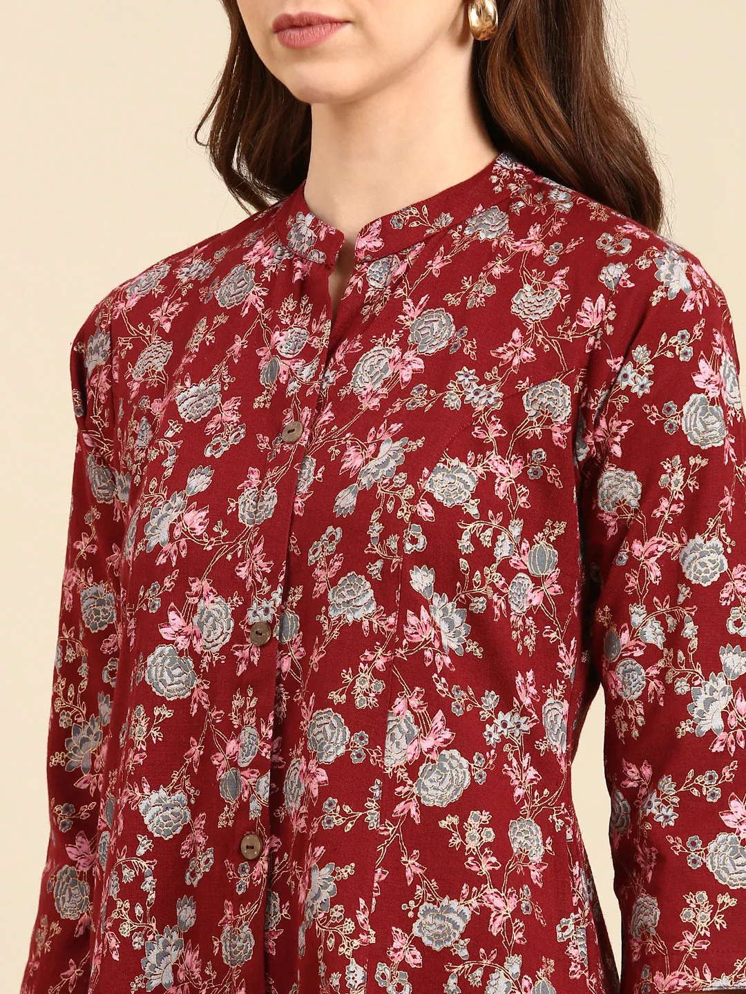 Women Maroon Floral Printed A-Line Kurta
