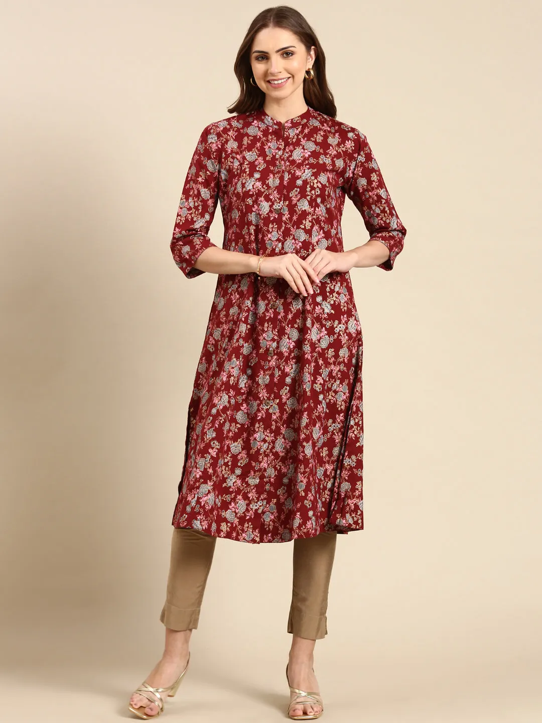 Women Maroon Floral Printed A-Line Kurta