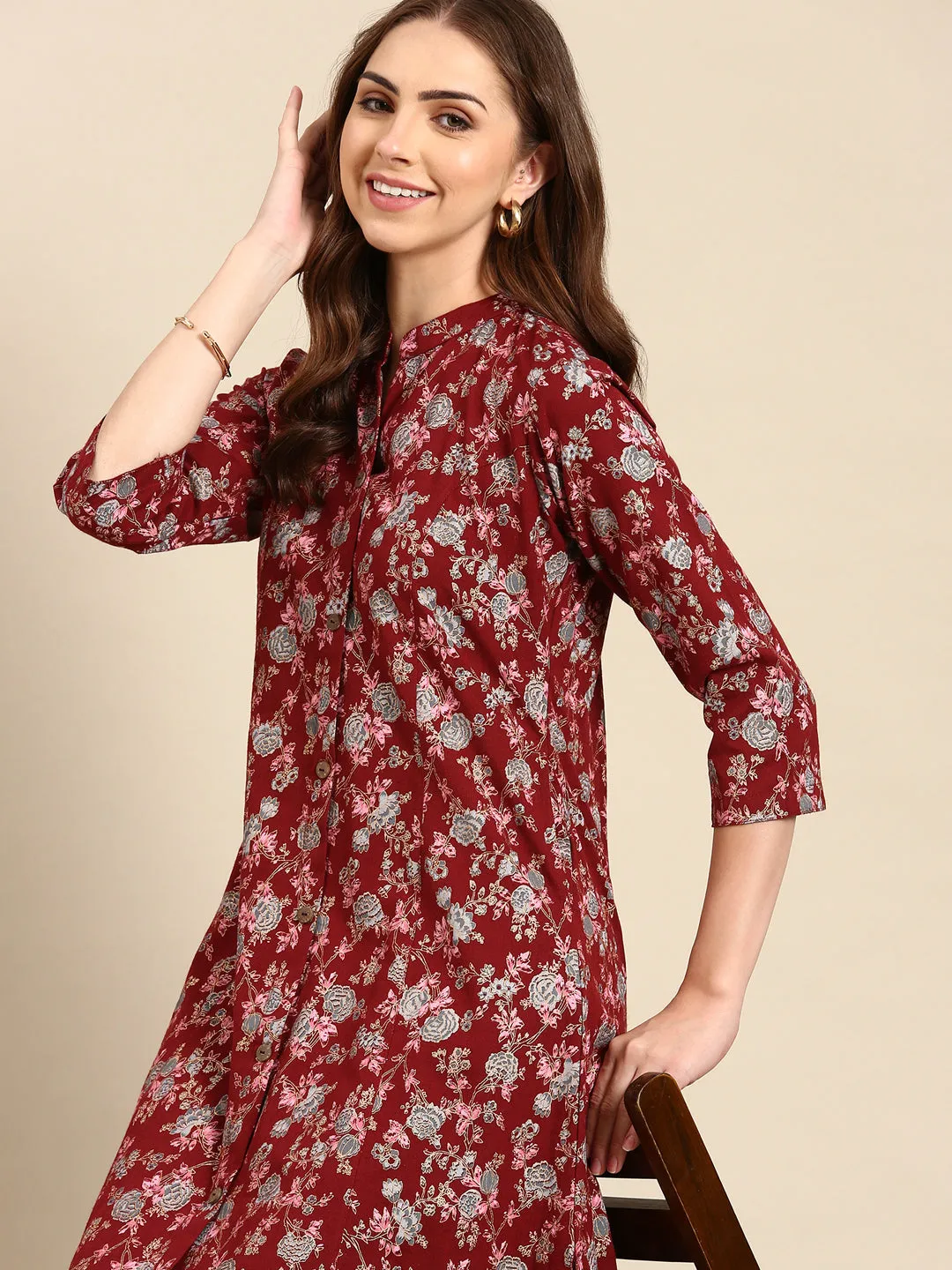Women Maroon Floral Printed A-Line Kurta