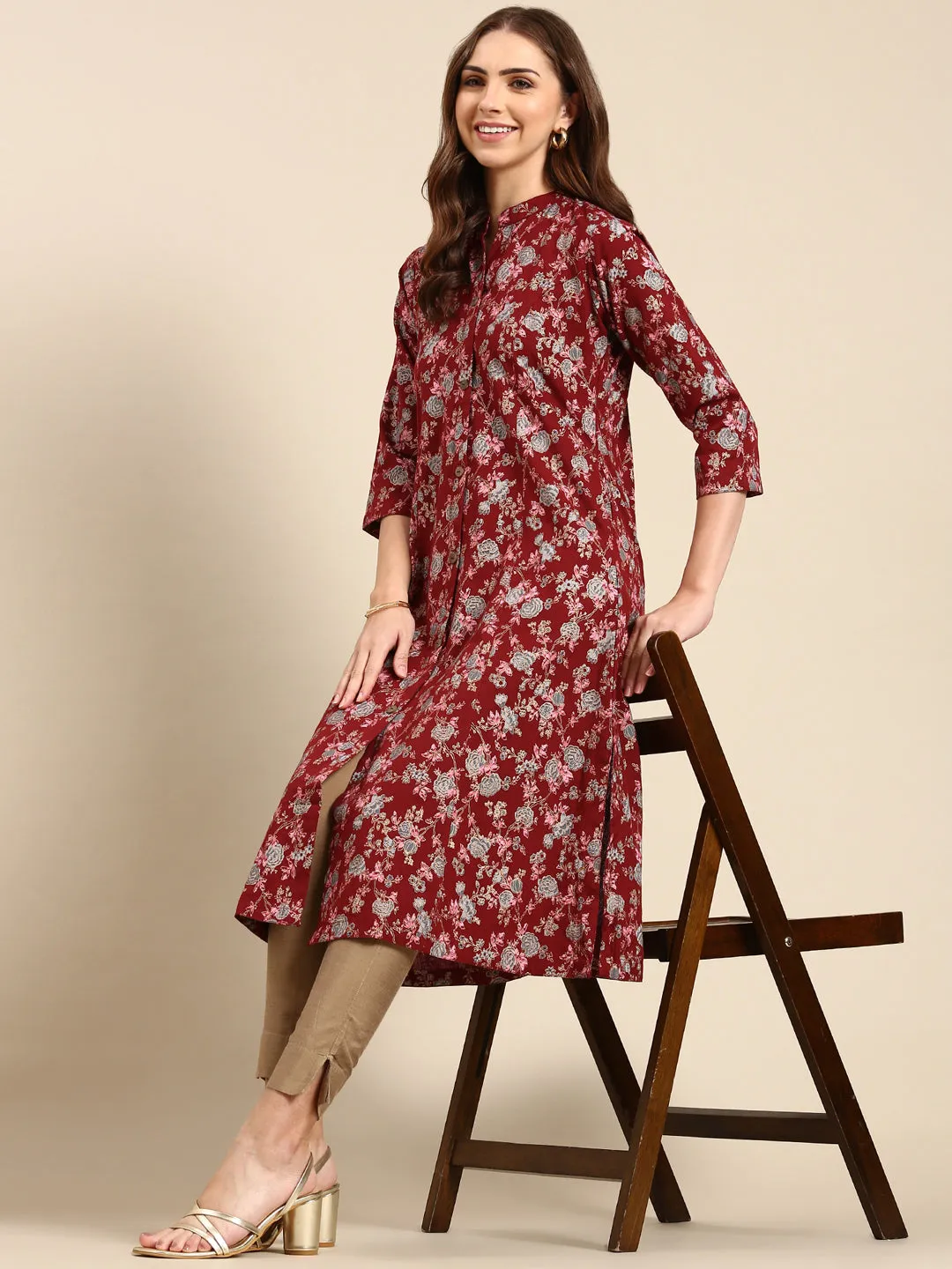 Women Maroon Floral Printed A-Line Kurta