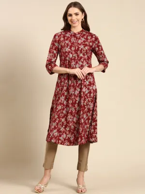Women Maroon Floral Printed A-Line Kurta