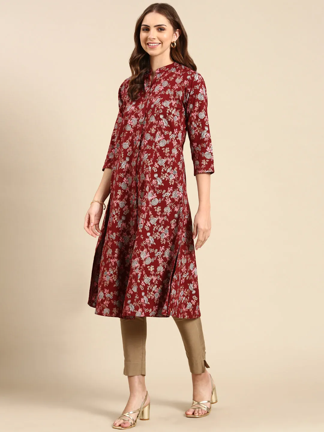 Women Maroon Floral Printed A-Line Kurta