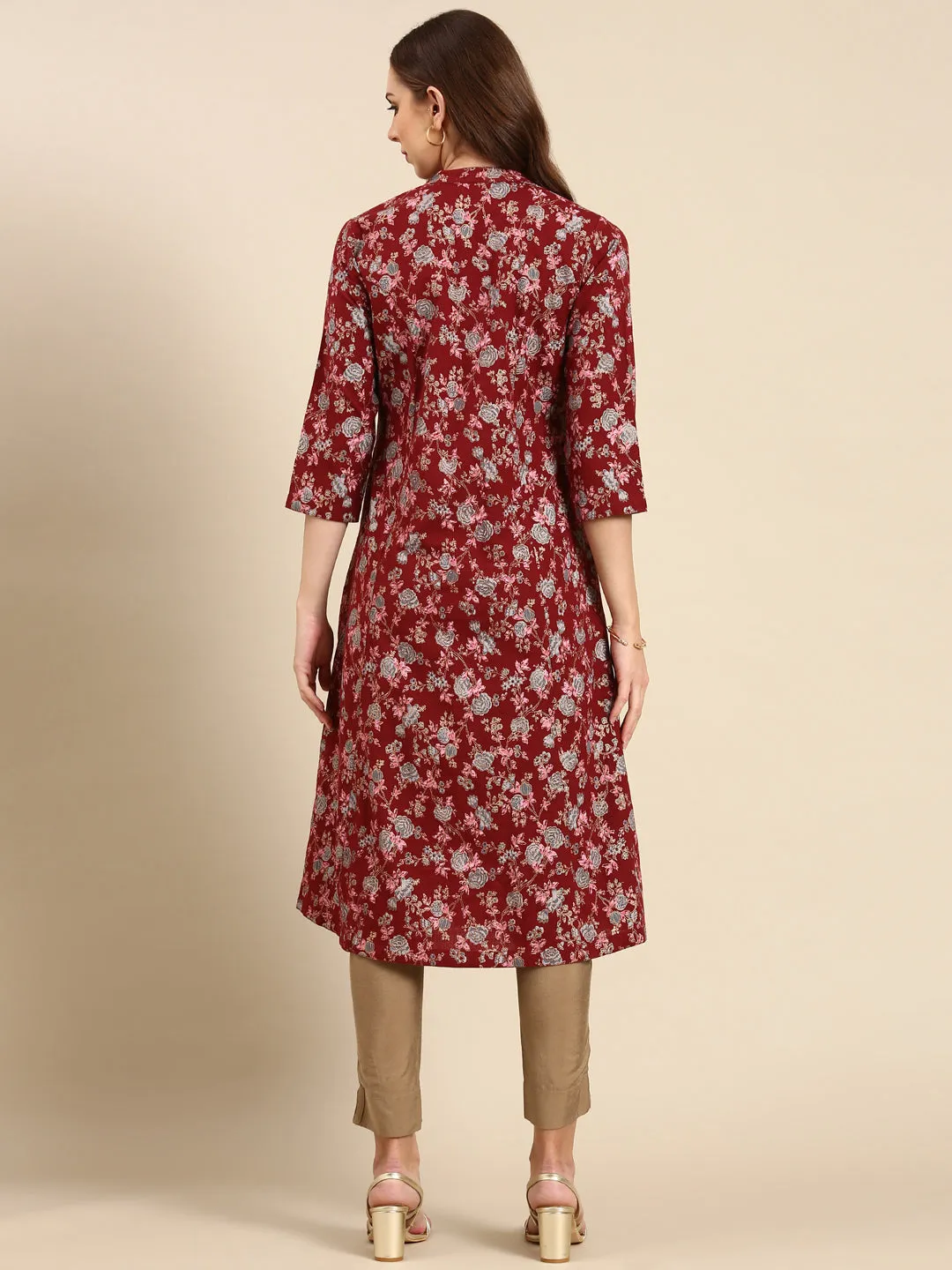 Women Maroon Floral Printed A-Line Kurta