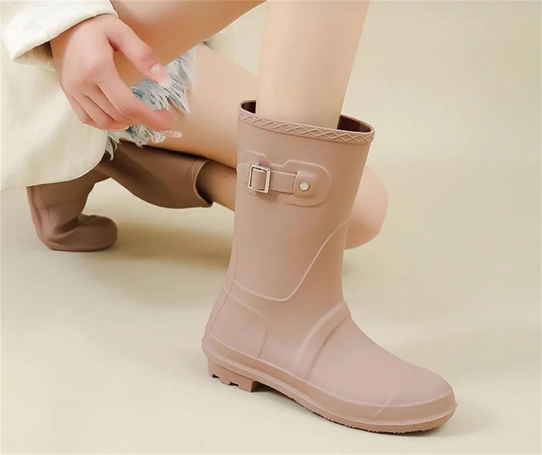 Women Mid-Calf Rubber Rain Boots Waterproof Water Shoes Wellies Boots Non-Slip Rainboots Slip-On