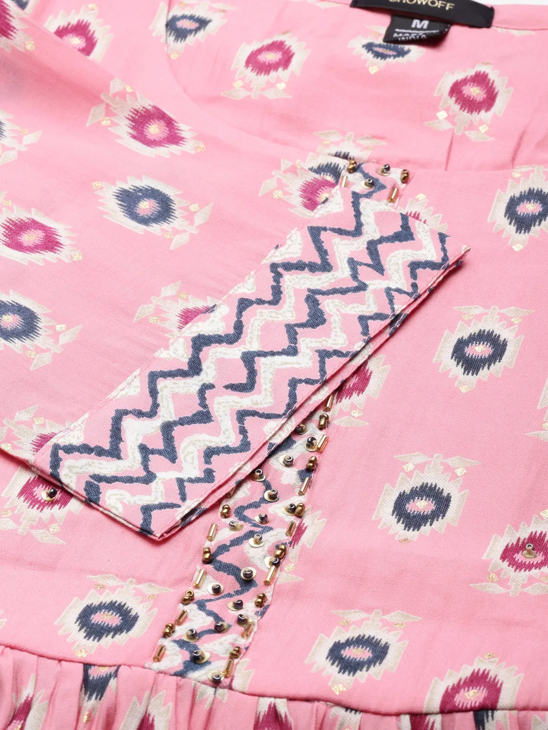 Women Pink Ethnic Motifs Printed Beads and Stones Kurta Set