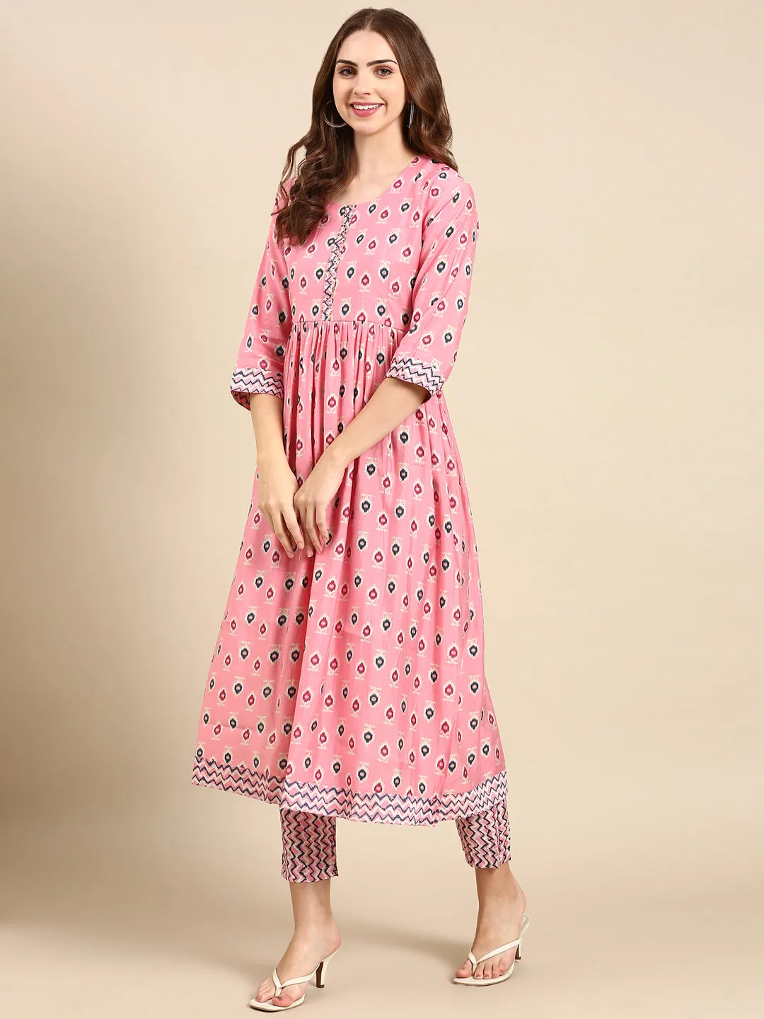 Women Pink Ethnic Motifs Printed Beads and Stones Kurta Set