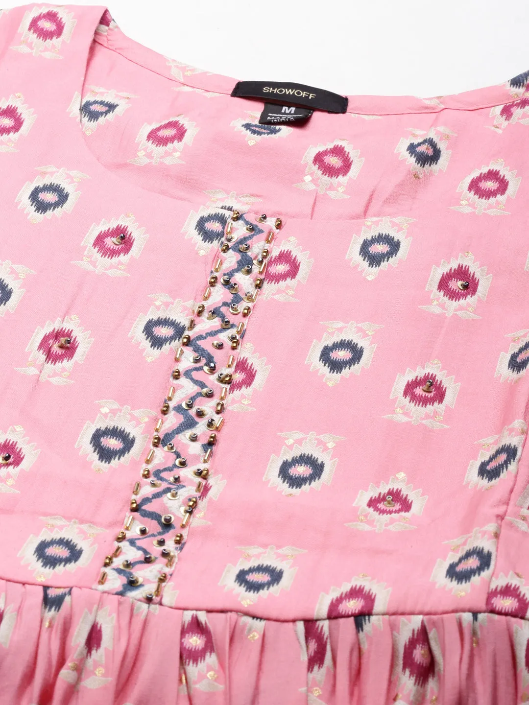 Women Pink Ethnic Motifs Printed Beads and Stones Kurta Set