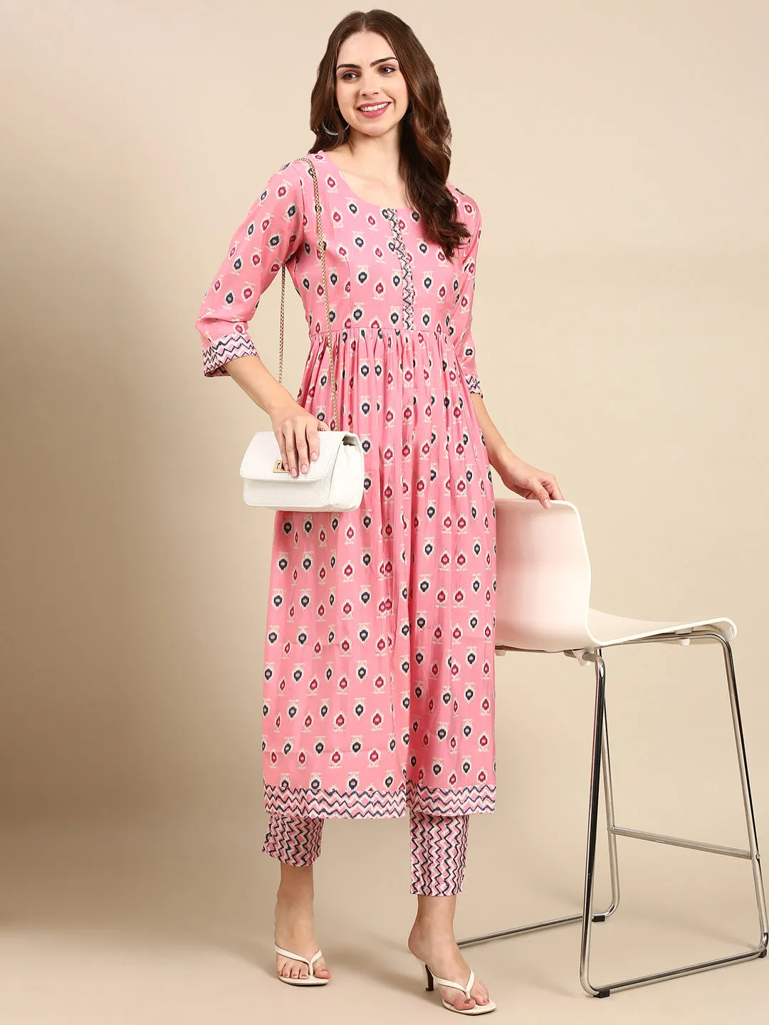Women Pink Ethnic Motifs Printed Beads and Stones Kurta Set