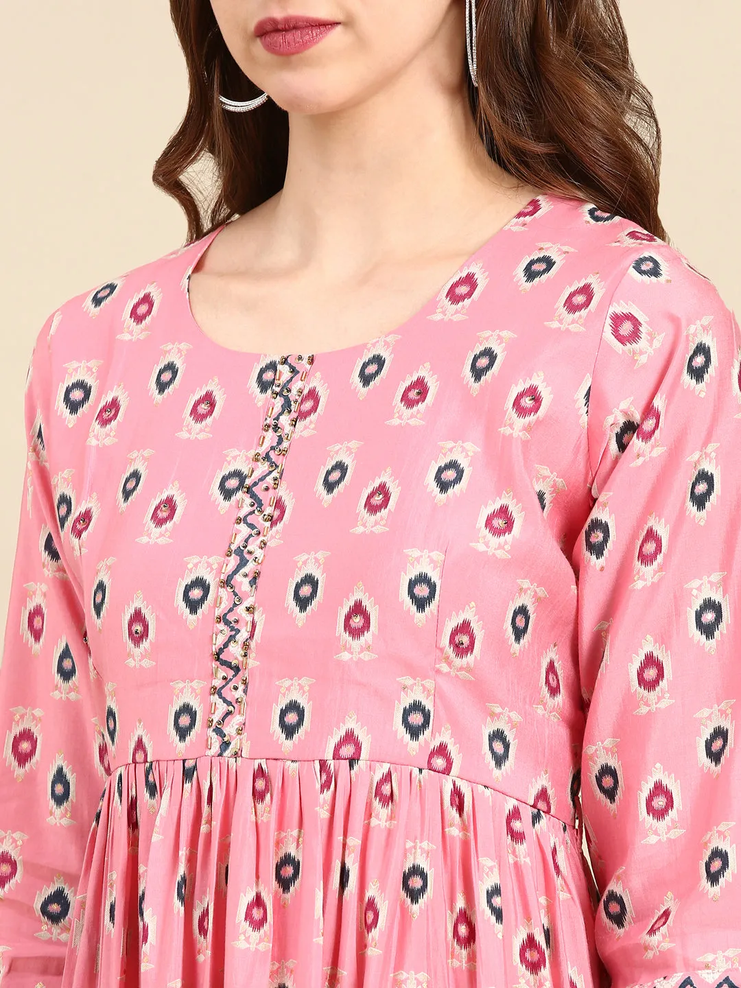 Women Pink Ethnic Motifs Printed Beads and Stones Kurta Set