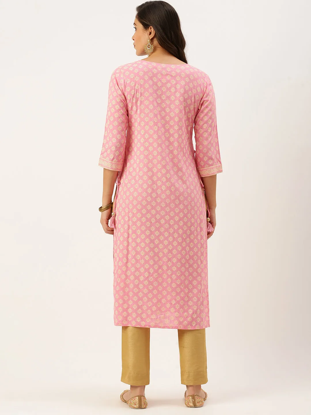 Women Pink Round Neck Ethnic Motifs Straight Kurta