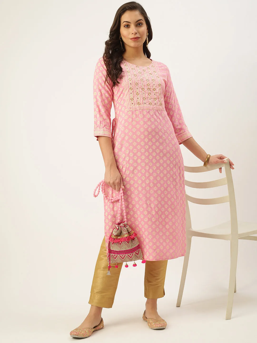 Women Pink Round Neck Ethnic Motifs Straight Kurta