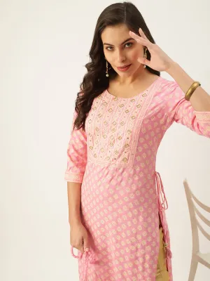 Women Pink Round Neck Ethnic Motifs Straight Kurta