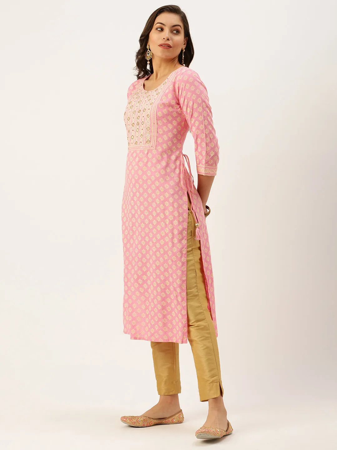 Women Pink Round Neck Ethnic Motifs Straight Kurta