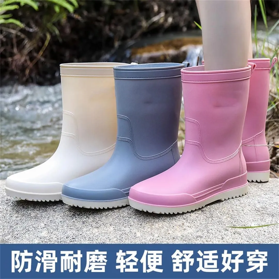 Women Rain Boots Mid-Tube Non-Slip Outdoor Wear-Resistant Kitchen Car Wash Thick-Soled Rubber Shoes