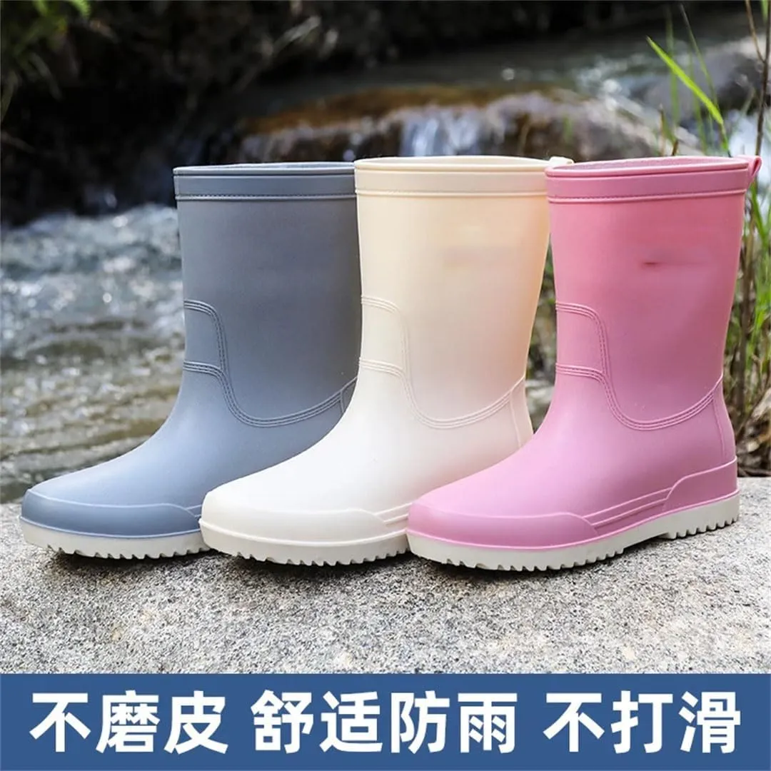 Women Rain Boots Mid-Tube Non-Slip Outdoor Wear-Resistant Kitchen Car Wash Thick-Soled Rubber Shoes