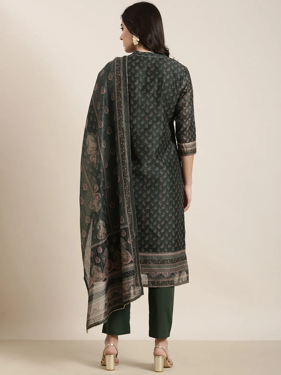 Women Straight Green Paisley Kurta Sets with Trousers & Dupatta