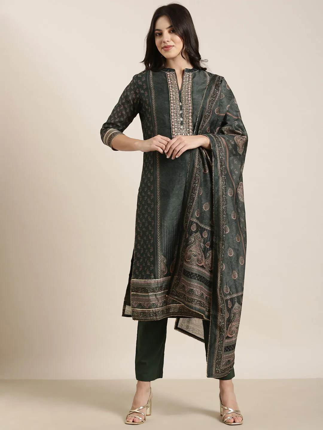 Women Straight Green Paisley Kurta Sets with Trousers & Dupatta