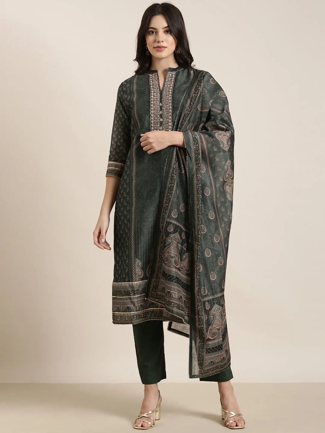 Women Straight Green Paisley Kurta Sets with Trousers & Dupatta