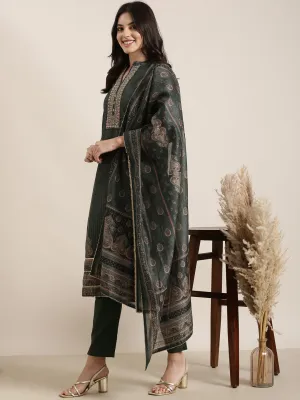 Women Straight Green Paisley Kurta Sets with Trousers & Dupatta