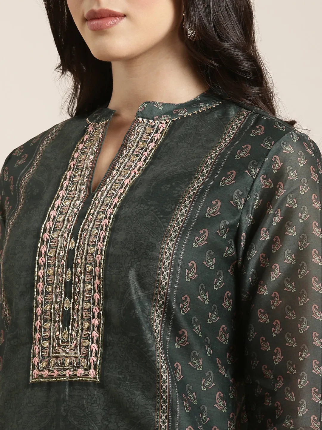 Women Straight Green Paisley Kurta Sets with Trousers & Dupatta