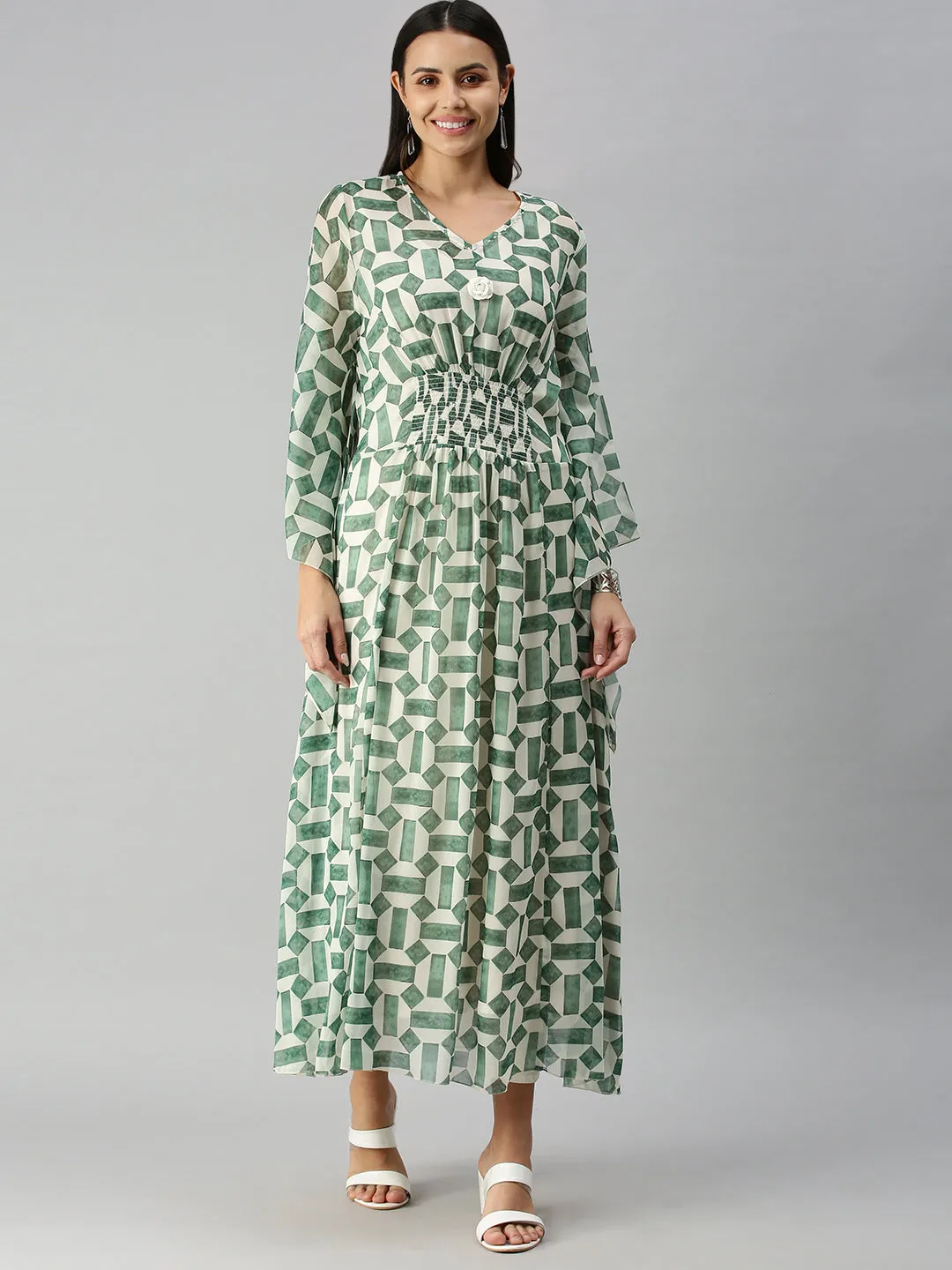 Women White Geometrical Kaftan Kurta