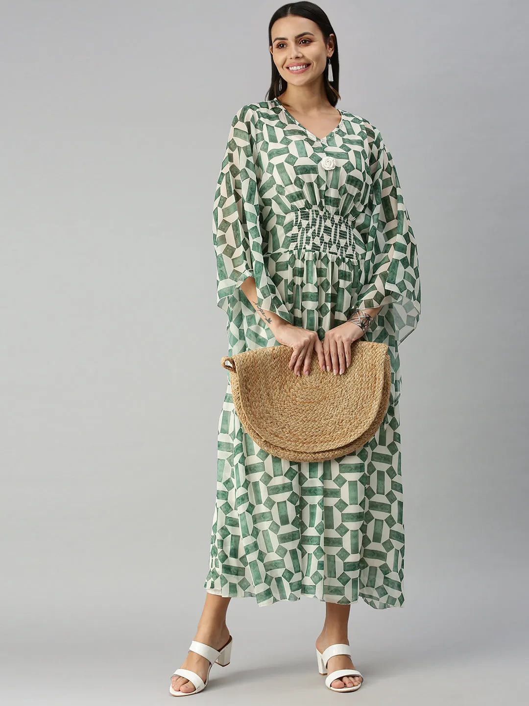 Women White Geometrical Kaftan Kurta