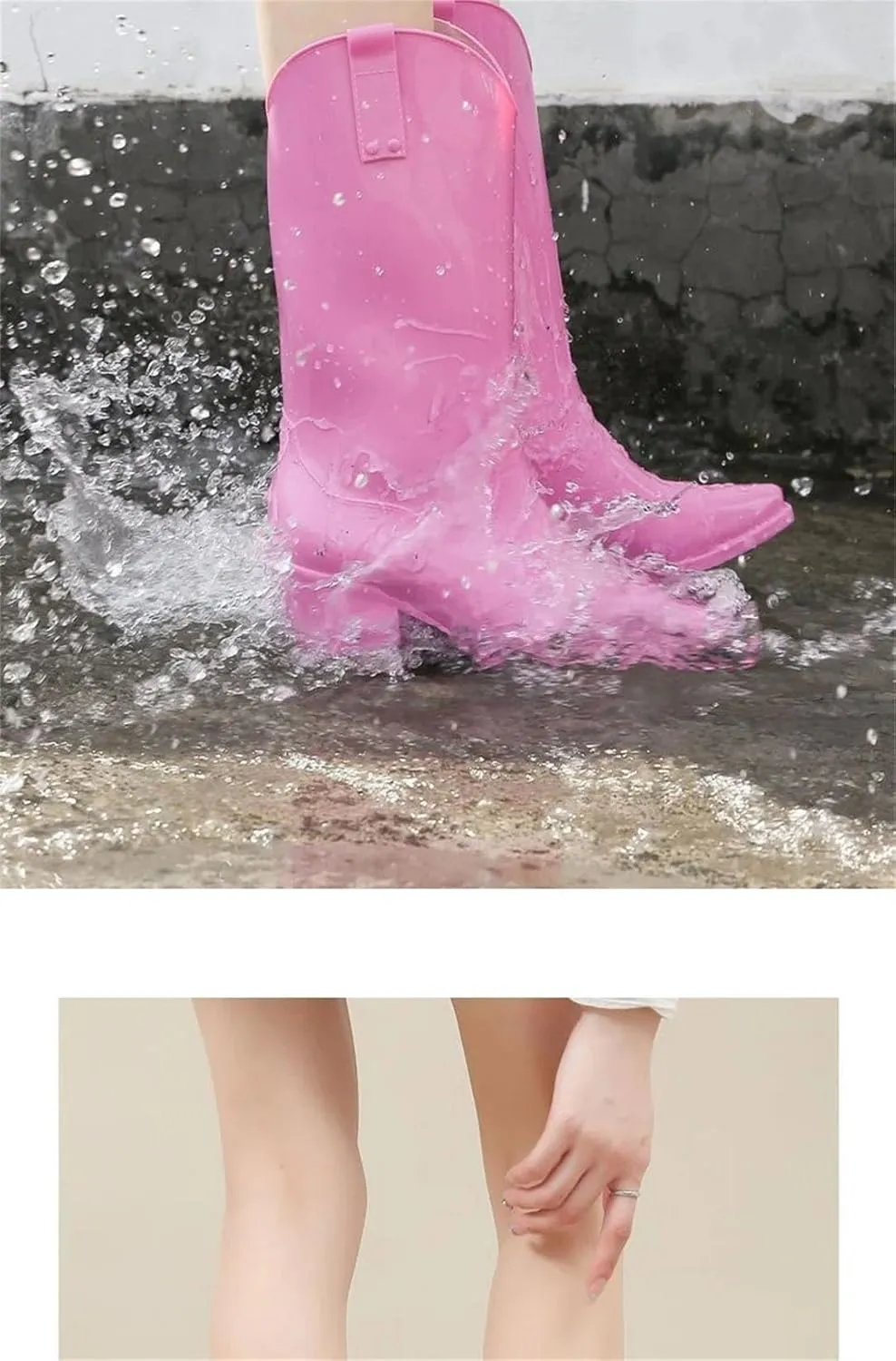 Women's Chunky High Heels Rain Boots Waterproof Mid Calf Botas Kitchen Work Shoes
