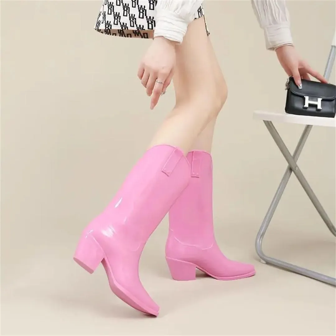 Women's Chunky High Heels Rain Boots Waterproof Mid Calf Botas Kitchen Work Shoes