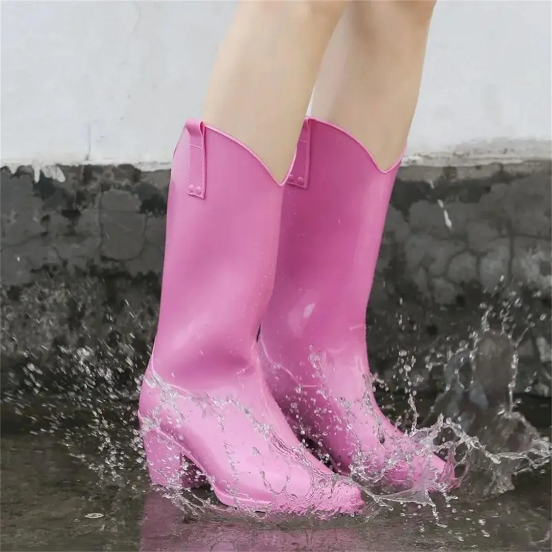 Women's Chunky High Heels Rain Boots Waterproof Mid Calf Botas Kitchen Work Shoes