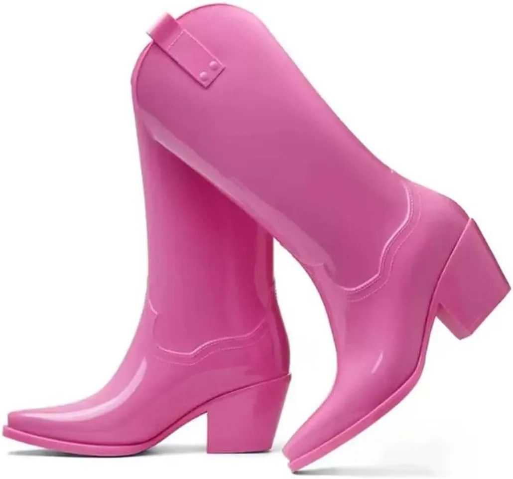 Women's Chunky High Heels Rain Boots Waterproof Mid Calf Botas Kitchen Work Shoes