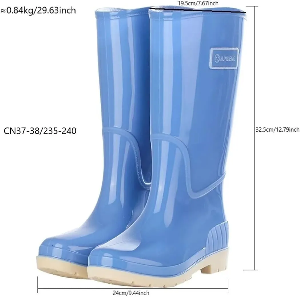 Women's Extra High Tube Rain Boots Thickened Anti Slip Rainy Day Travel Rain Shoes Waterproof