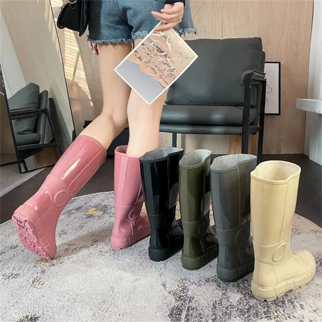 Women's Mid-High Tube Rain Boots Solid Color Anti-Slip Waterproof Shoes For