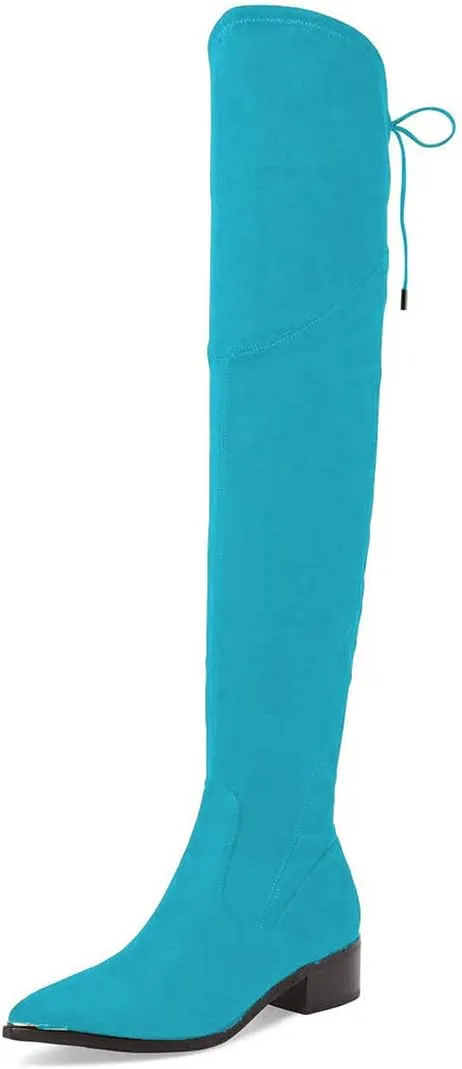 XYD Women Trendy Over The Knee Boots Flats Pointed Closed Toe Thigh High Block Low Heels Tie Back Lace Side Zipper Long Booties