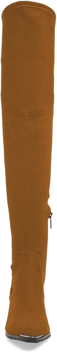 XYD Women Trendy Over The Knee Boots Flats Pointed Closed Toe Thigh High Block Low Heels Tie Back Lace Side Zipper Long Booties