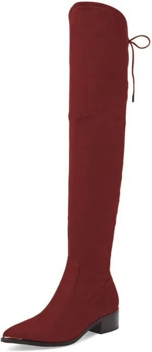 XYD Women Trendy Over The Knee Boots Flats Pointed Closed Toe Thigh High Block Low Heels Tie Back Lace Side Zipper Long Booties
