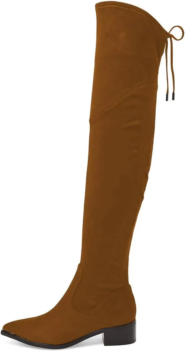 XYD Women Trendy Over The Knee Boots Flats Pointed Closed Toe Thigh High Block Low Heels Tie Back Lace Side Zipper Long Booties