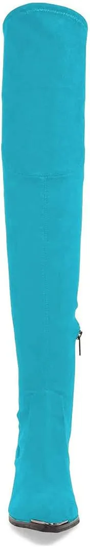 XYD Women Trendy Over The Knee Boots Flats Pointed Closed Toe Thigh High Block Low Heels Tie Back Lace Side Zipper Long Booties