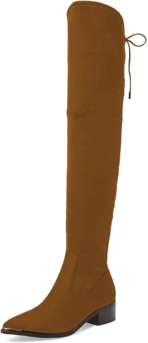 XYD Women Trendy Over The Knee Boots Flats Pointed Closed Toe Thigh High Block Low Heels Tie Back Lace Side Zipper Long Booties