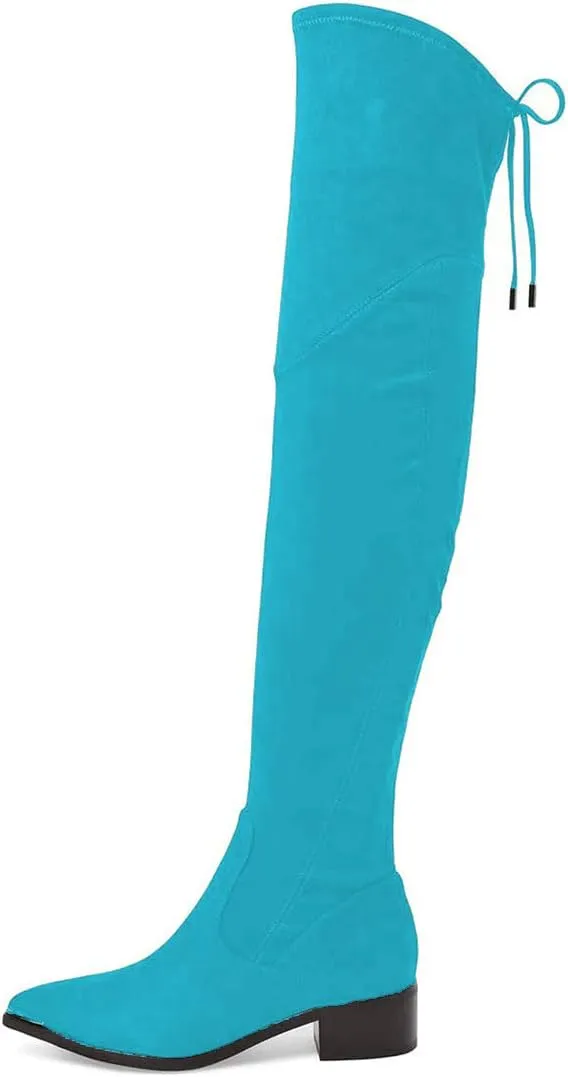 XYD Women Trendy Over The Knee Boots Flats Pointed Closed Toe Thigh High Block Low Heels Tie Back Lace Side Zipper Long Booties