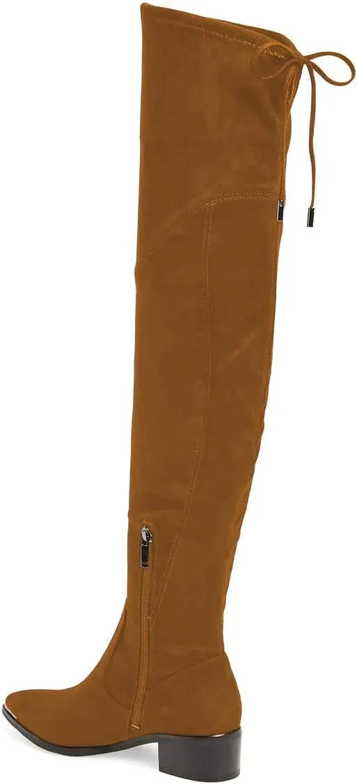 XYD Women Trendy Over The Knee Boots Flats Pointed Closed Toe Thigh High Block Low Heels Tie Back Lace Side Zipper Long Booties