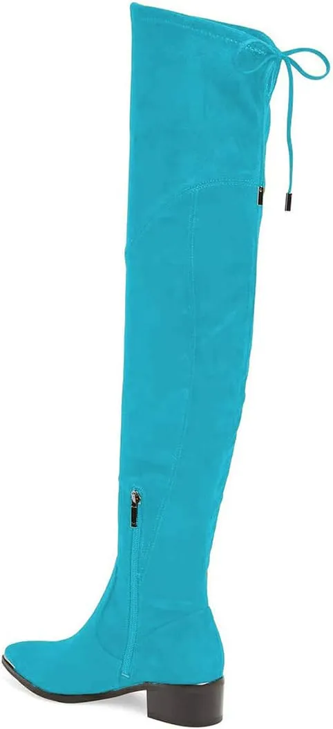 XYD Women Trendy Over The Knee Boots Flats Pointed Closed Toe Thigh High Block Low Heels Tie Back Lace Side Zipper Long Booties