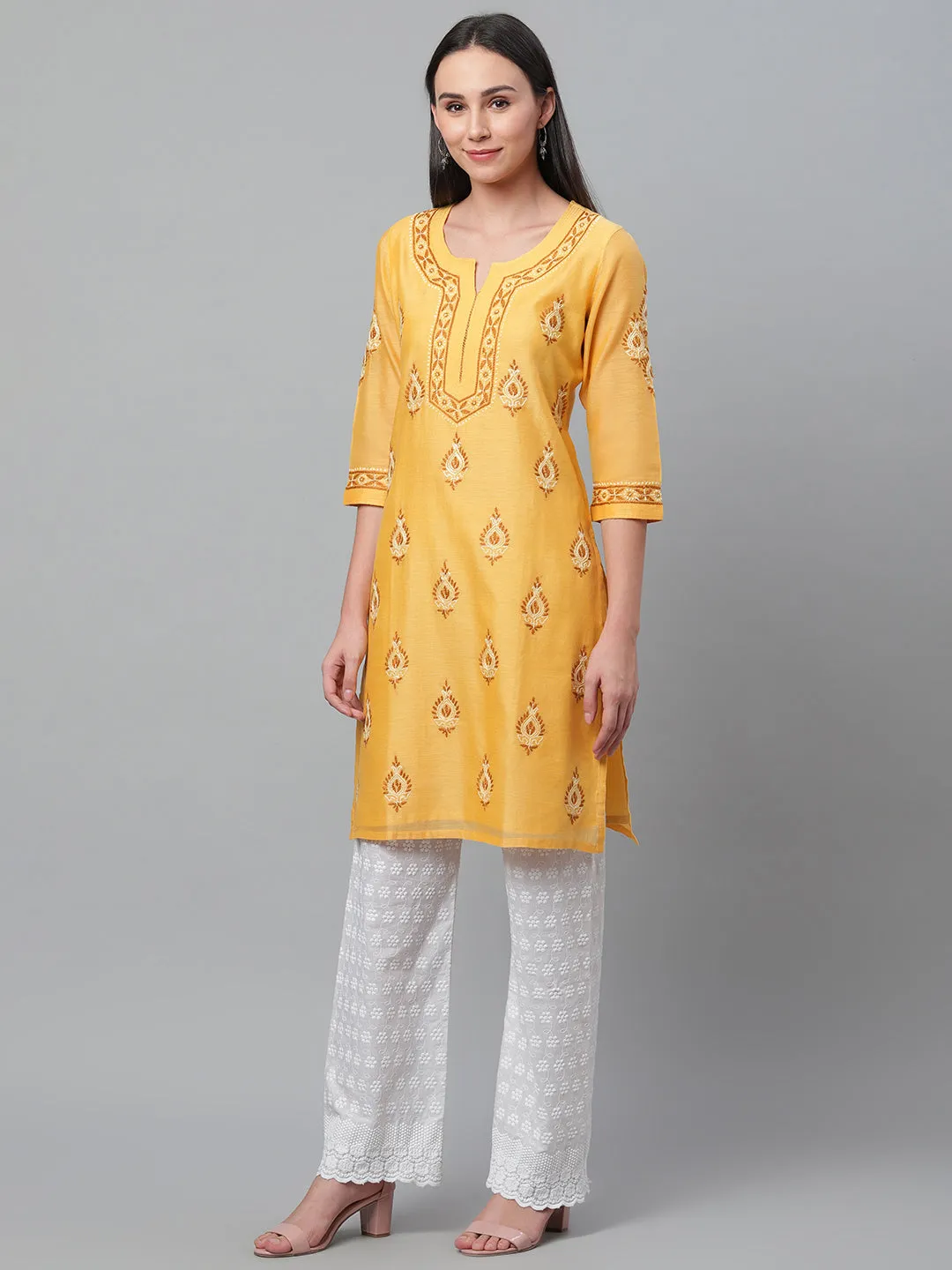 Yellow Silk Chikankari Kurta