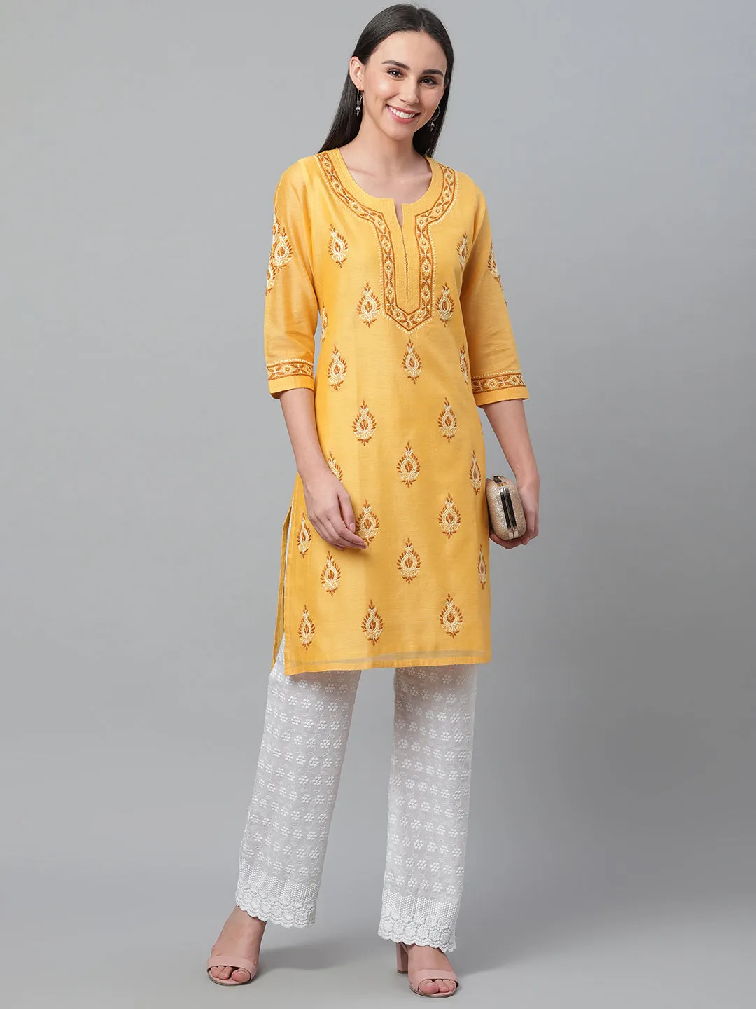 Yellow Silk Chikankari Kurta